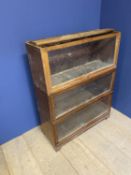 Globe-Wernicke 3 section oak glazed bookcase 86 cm W. Condition, glass sound, top missing needs