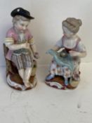 Pair fine quality C19th continental porcelain figurines, the larger 11 cm H blue Sitzendorf marks to