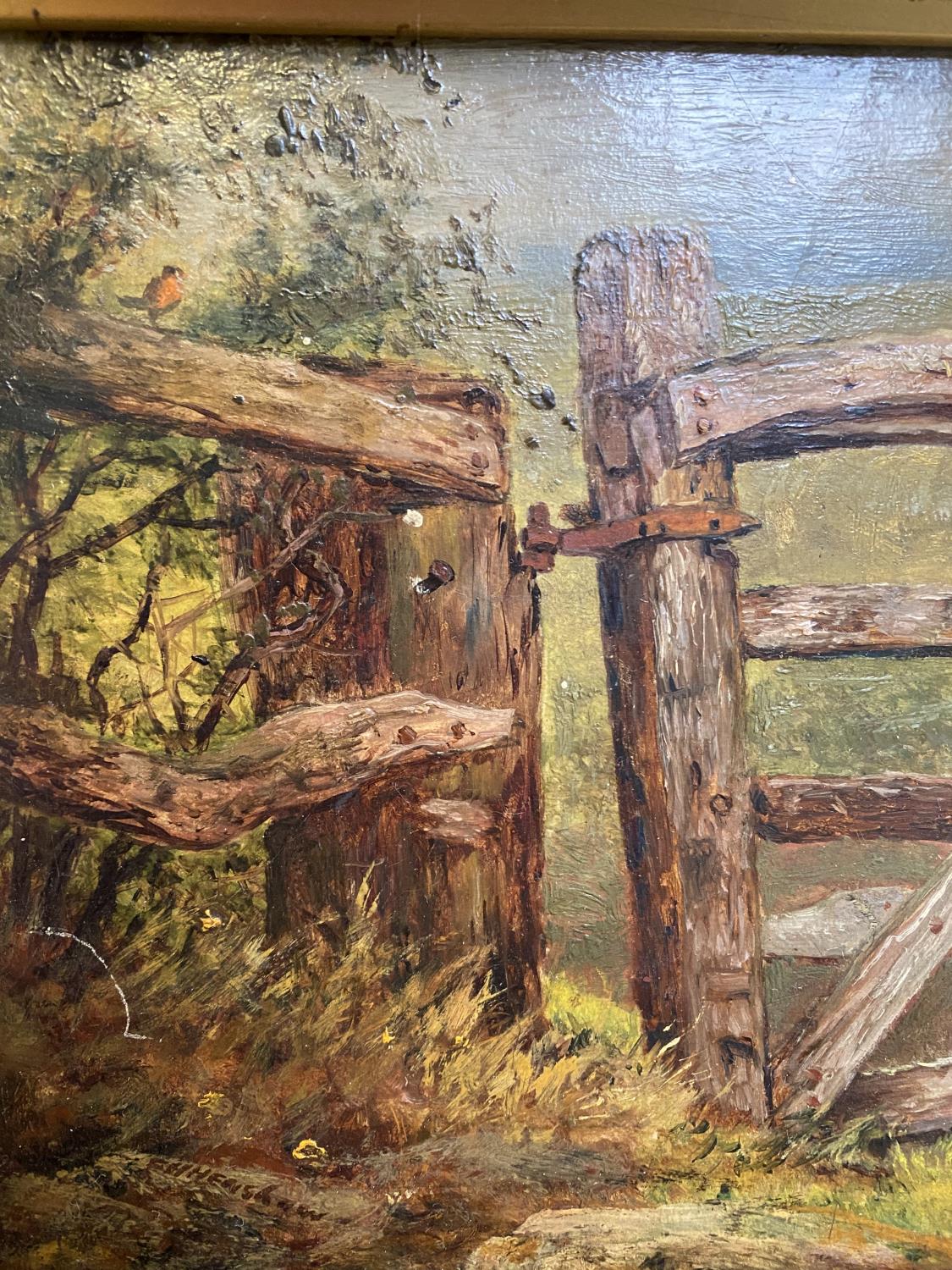 Manner of FREDERICK HENSHAW, Oil on wood panel "The rickety five bar gate", 18 x 30cm in gilt frame - Image 4 of 4