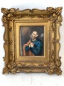 Continental oil on board or ivorine "Religious man half length" 13 x 10 gilt frame unexamined out of