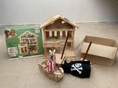 Wooden dolls house, and a Wooden Pirate Ship etc (all used and with wear)