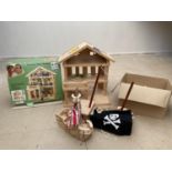 Wooden dolls house, and a Wooden Pirate Ship etc (all used and with wear)