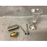 Hallmarked silver hinged lid pill box, silver based glass bud vase, 2 hallmarked silver Victorian