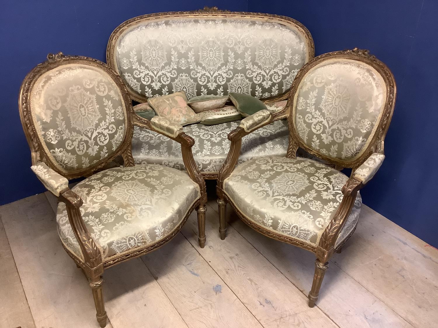 Traditional Regency style gilded carved wood suite of a settee and pair of arm chairs and 6 small