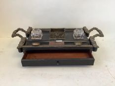 C19th ebonised and brass mounted desk stand with central lidded compartment with two glass