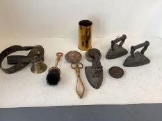 Qty of collectables to include a brass shell, Goffering irons, and weights