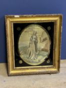Silk work picture, " lady holding a branch", oval, in Verre eglomise and giltwood frame, 25 x