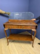 Walnut tall serving table with drop ends, 2 drawers and undershelf with glass gallery back 97 cm H x