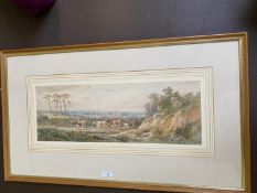 Attributed to Henry Earp watercolour, "Cattle with drover" unsigned 18 x 53 framed and glazed