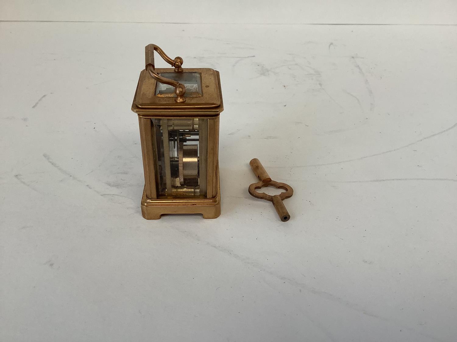 Miniature brass carriage clock with enamel dial 6 cmH - Image 4 of 5