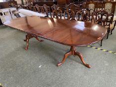 Modern Mahogany twin pedestal D end extending dining table, 108cmW x 260cmL (condition generally