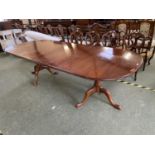 Modern Mahogany twin pedestal D end extending dining table, 108cmW x 260cmL (condition generally
