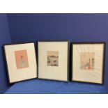 Three signed Japanese woodblock prints, portraits of an Emperor and Artisan and River scene