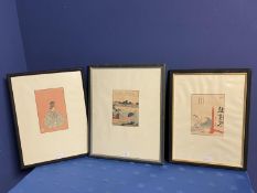 Three signed Japanese woodblock prints, portraits of an Emperor and Artisan and River scene