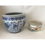 Large modern blue and white jardiniere/planter and a decorative chamber pot