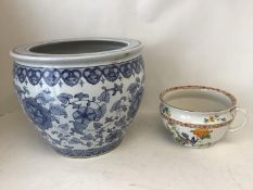 Large modern blue and white jardiniere/planter and a decorative chamber pot