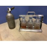 Silver plated 3 bottled tantalus (no key), and an old soda syphon