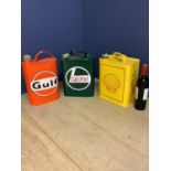 3 Vintage style petrol cans, Shell, Castrol, gulf
