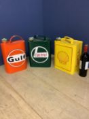 3 Vintage style petrol cans, Shell, Castrol, gulf