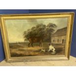 CHARLES BRANSCOMBE (ACT 1803-1819) Oil on canvas "Bay cob, spaniel, pug before barn" signed lower