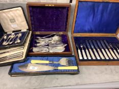 Oak cased, Mappin and Webb canteen of hallmarked silver blade MOP handled fruit knives and forks,