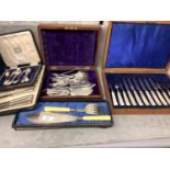 Oak cased, Mappin and Webb canteen of hallmarked silver blade MOP handled fruit knives and forks,