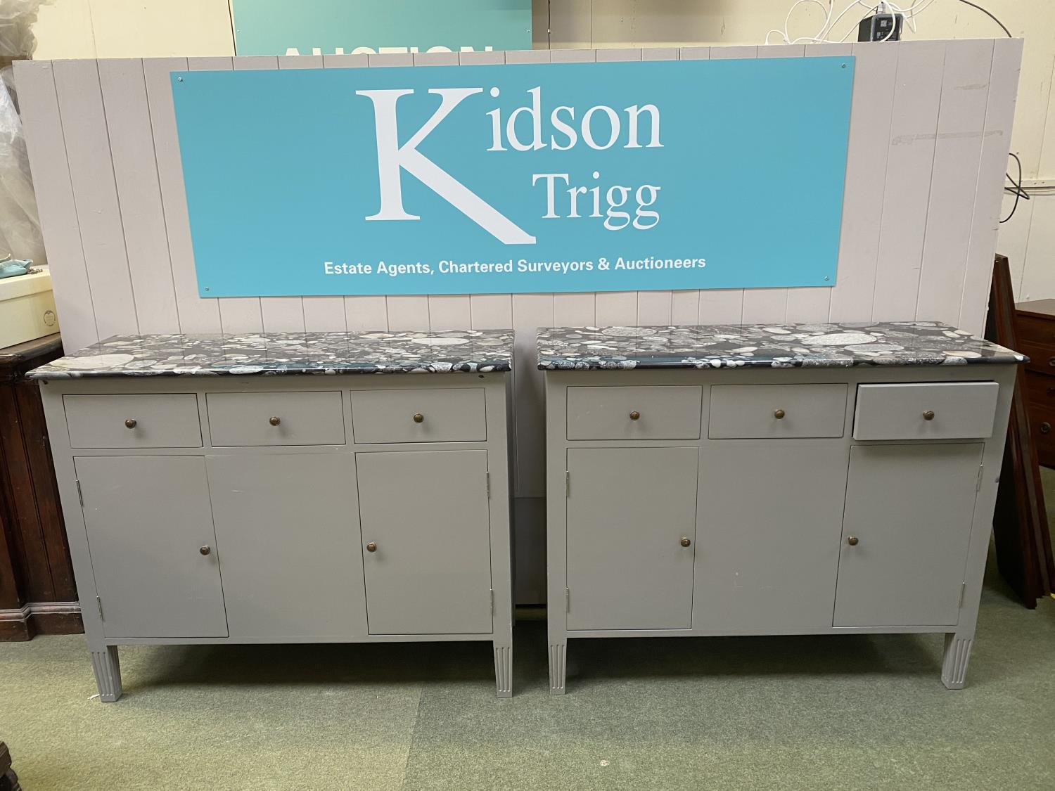 Pair of grey painted De Gournay marble top console tables each of 3 drawers, 3 cupboards. 117L x 44W