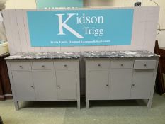 Pair of grey painted De Gournay marble top console tables each of 3 drawers, 3 cupboards. 117L x 44W