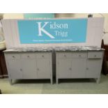 Pair of grey painted De Gournay marble top console tables each of 3 drawers, 3 cupboards. 117L x 44W