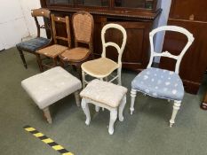 5 various chairs and 2 stools. Condition. Seat caning needs repair, general wear and some damage