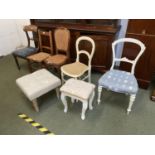 5 various chairs and 2 stools. Condition. Seat caning needs repair, general wear and some damage