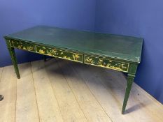 Green painted writing table with gilded decoration of 3 drawers and tapered reeded legs