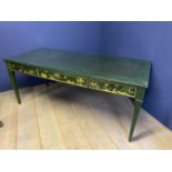 Green painted writing table with gilded decoration of 3 drawers and tapered reeded legs