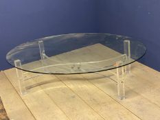 Contemporary circular heavy glass low table on freestanding perspex support 152 cm dia x 40 cm H