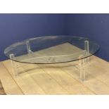 Contemporary circular heavy glass low table on freestanding perspex support 152 cm dia x 40 cm H