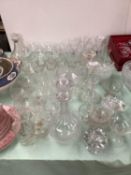 Qty of drinking glasses, including sets and part sets of champagne saucers, vine etched wine glasses