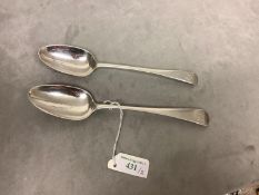 Near Pair old English pattern, hallmarked silver Georgian tavern table spoons, the handles