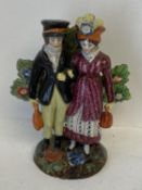 Staffordshire bocage figure group of Lady and Gentleman 17 cm H and 2 similar seated Kings 12 cm
