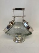 Silver plate and glass double sided biscuit barrel with hinged chains 29 cm H