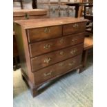 Early C19th oak chest of 2 short over 3 long graduated drawers with brass drop handles on tall