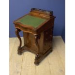 Good Victorian burr walnut serpentine front davenport, with galleried stationery box, later green