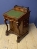Good Victorian burr walnut serpentine front davenport, with galleried stationery box, later green