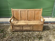 Antique pine 4 panel back box seat settle 153 cm L condition sound wear and deep scratches to base