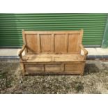 Antique pine 4 panel back box seat settle 153 cm L condition sound wear and deep scratches to base