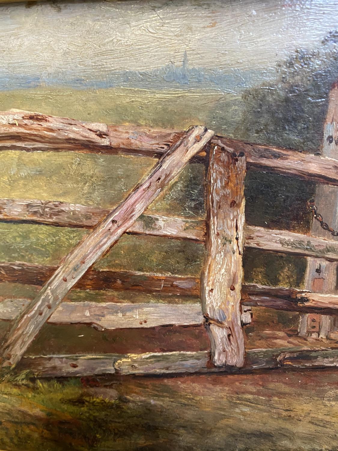 Manner of FREDERICK HENSHAW, Oil on wood panel "The rickety five bar gate", 18 x 30cm in gilt frame - Image 3 of 4