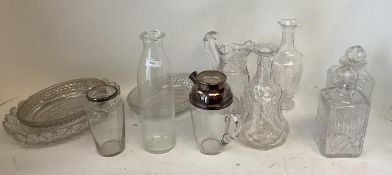 2 bright cut crystal oval dishes, epergne stand, water jug, cocktail jug. Hallmarked silver