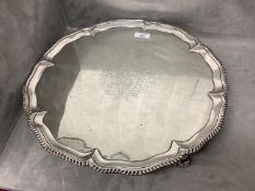 Large George III silver salver by Ebenezer Coker, London 1764 39 cm dia engraved central coat of