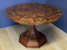 Circular octagonal pedestal table . The veneer segmented top in a burrwood finish 120