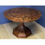 Circular octagonal pedestal table . The veneer segmented top in a burrwood finish 120