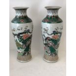 Pair tall slender white ground Chinese vases with floral and exotic bird decoration and green